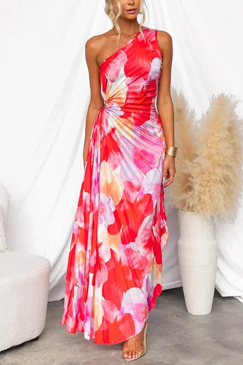 VESTIDO LARGO FLORAL MUJER UN HOMBRO DESCUBIERTO