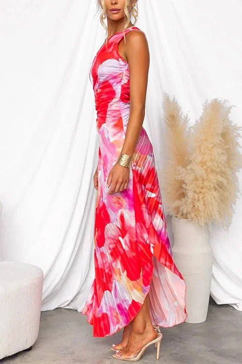 VESTIDO LARGO FLORAL MUJER UN HOMBRO DESCUBIERTO