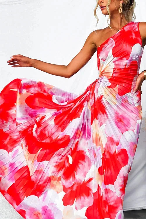 VESTIDO LARGO FLORAL MUJER UN HOMBRO DESCUBIERTO