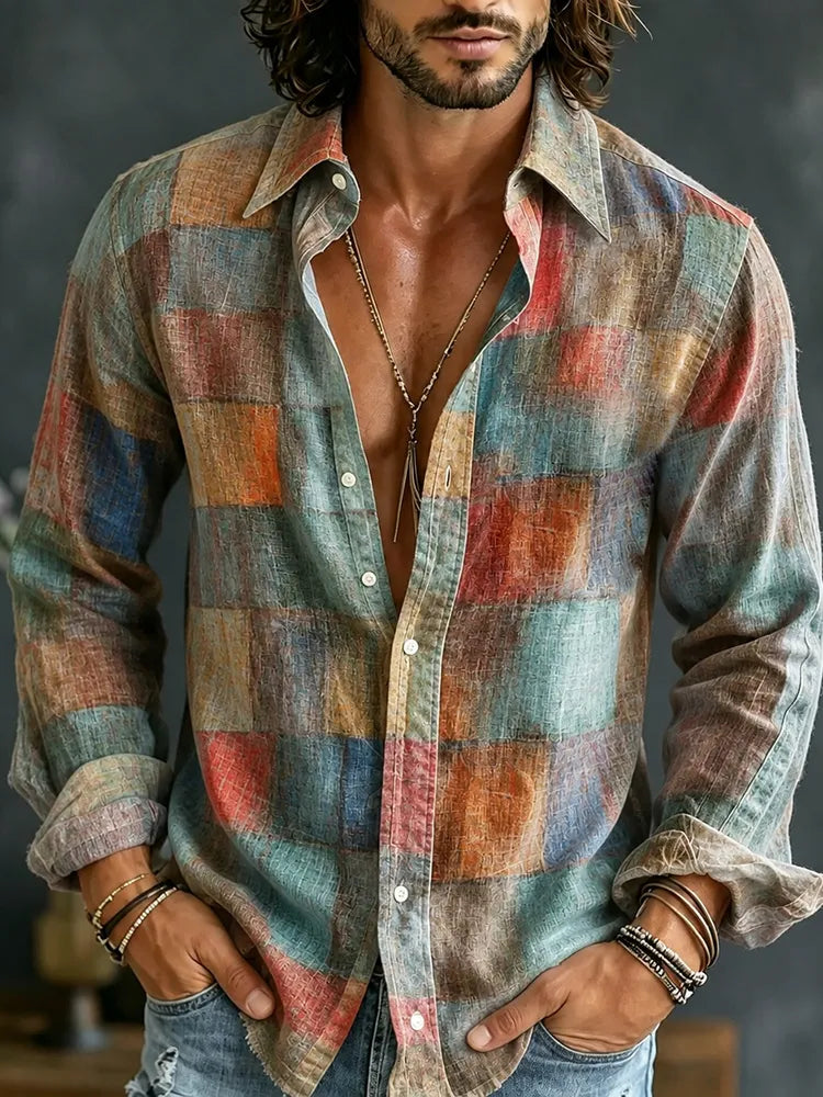 Camisa Hombre Retro Lino - Estampado Cuadros Degradado Arte Pintura Manga Larga