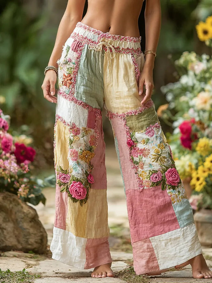Calças Casuais Femininas com Patchwork de Rosas Florais, Cintura Elástica e Bolsos