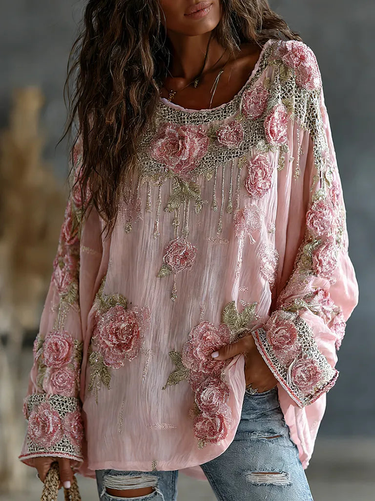 Top Casual Fluido De Mezcla De Lino Con Bordado Floral Vintage