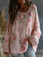 TOP CASUAL FLUIDO DE MEZCLA DE LINO CON BORDADO FLORAL VINTAGE