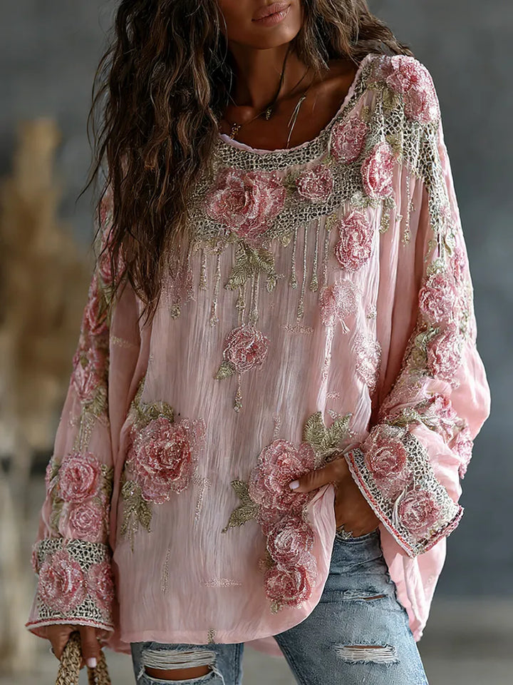 Top Casual Fluido De Mezcla De Lino Con Bordado Floral Vintage