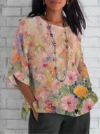 Camiseta de lino con estampado floral pintura al óleo vintage para mujer