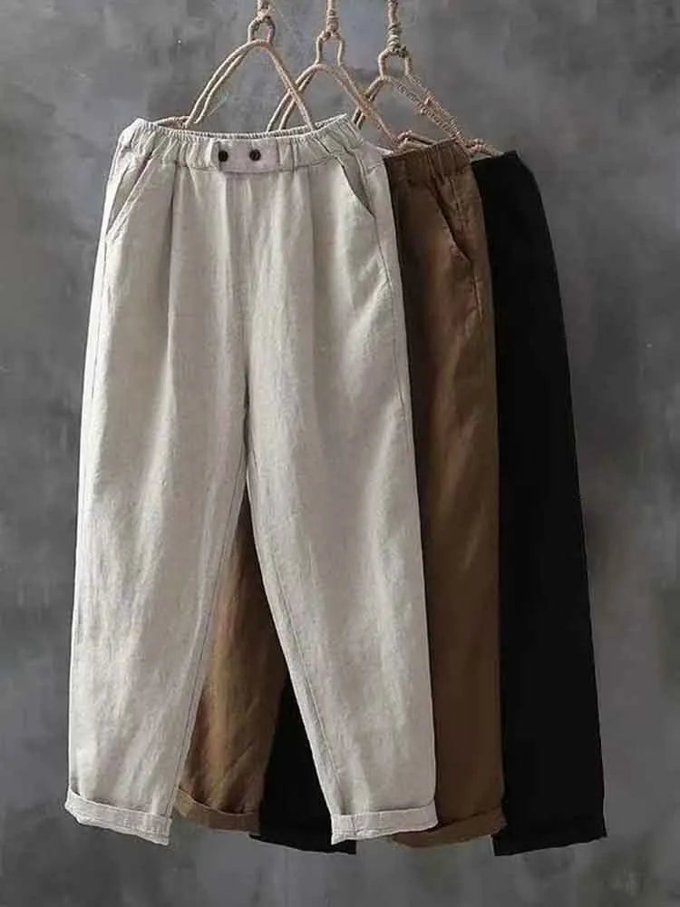 Pantalones Casuales Sencillos De Lino Con Cintura Elástica Para Mujer