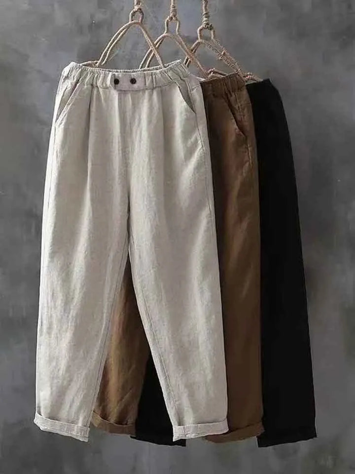 Pantalones Casuales Sencillos De Lino Con Cintura Elástica Para Mujer