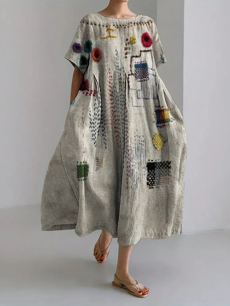 Vestido Maxi de Mistura de Linho com Bordado Japonês Colorido Sashiko