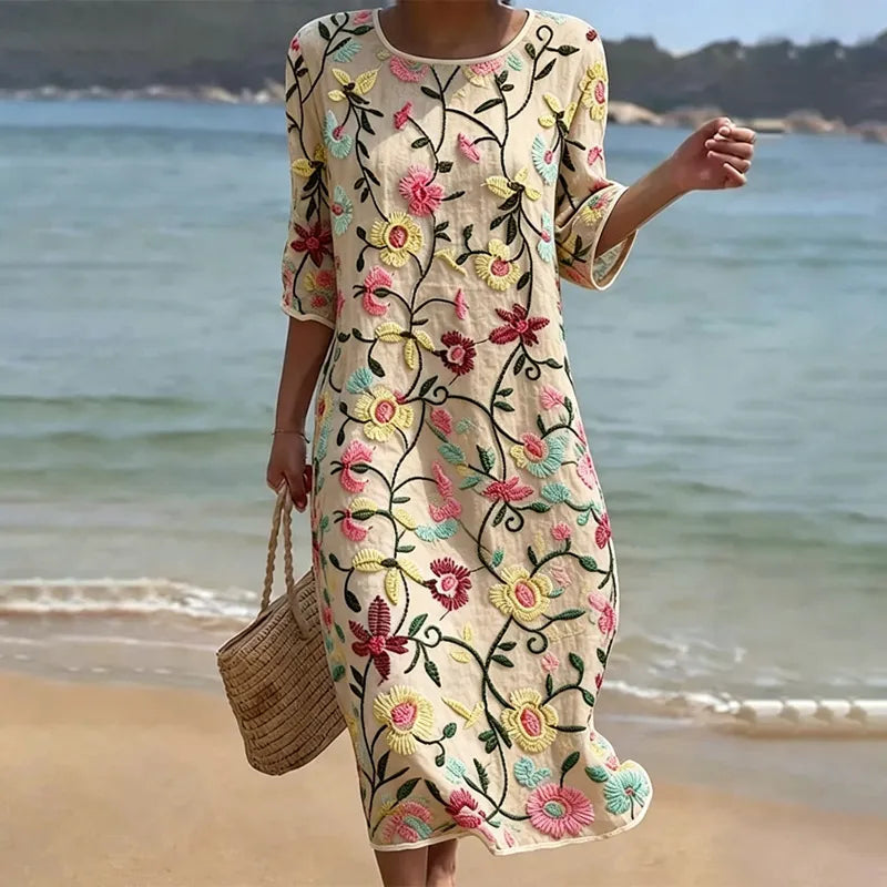 Vestido Vintage Suelto de Manga 3/4 con Estampado Floral en Mezcla de Lino