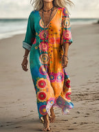 VESTIDO CASUAL DE MEZCLA DE LINO CON ESTAMPADO FLORAL VINTAGE