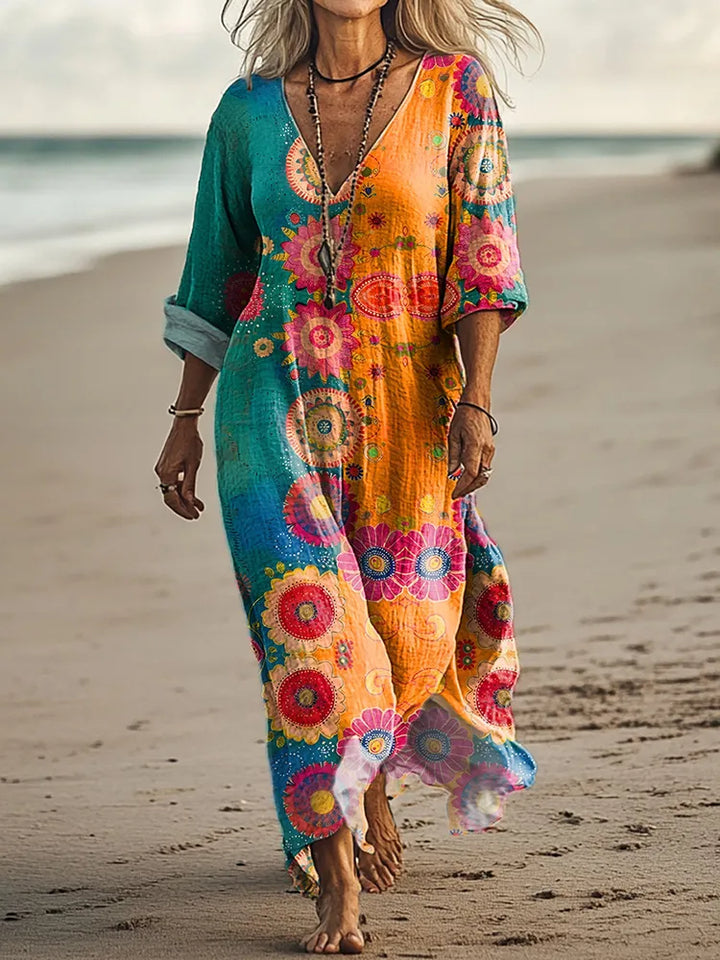Vestido Casual De Mistura De Linho Com Padrão Floral Vintage