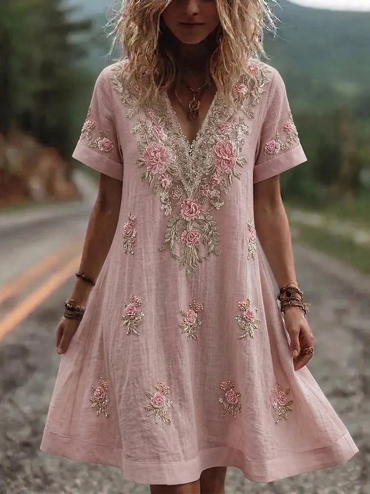 Vestido Mini Retro Con Arte Floral De Rosas Rosas - Manga Corta