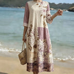 VESTIDO RETRO DE CUELLO REDONDO CON ESTAMPADO FLORAL ARTÍSTICO