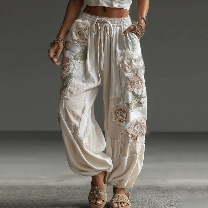 Pantalones Casuales De Lino Con Estampado Floral Retro Y Patchwork Para Mujer