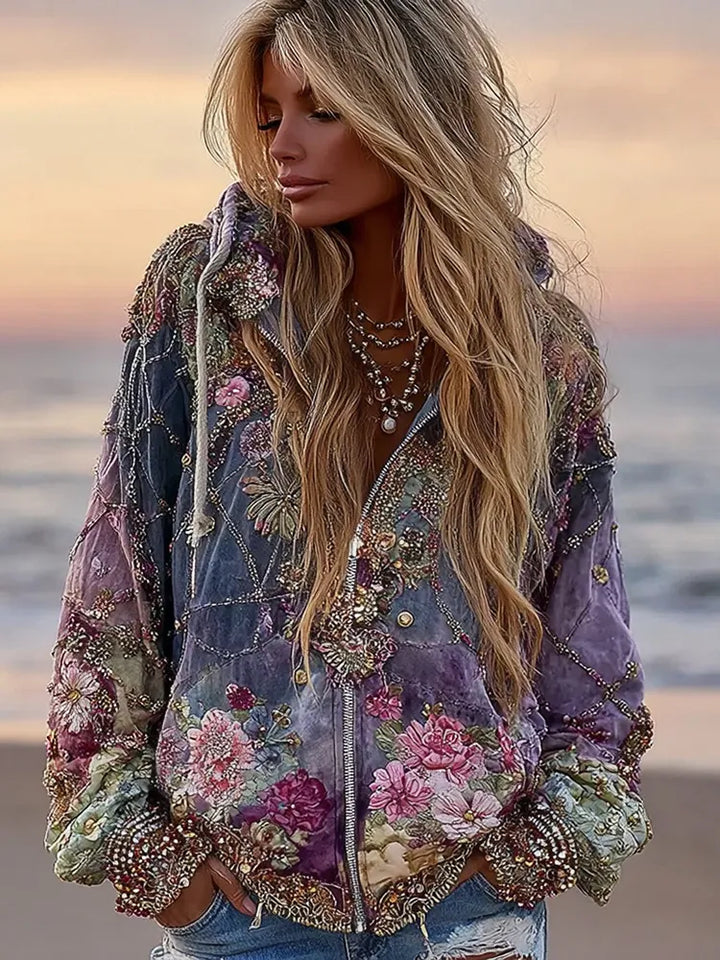 Sudadera Con Capucha Y Cremallera Boho Geométrica Floral Con Degradado Para Mujer