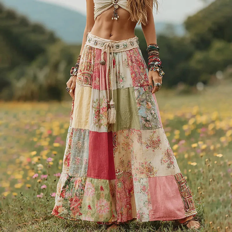 - FALDA LINO FLUIDA PATCHWORK FLORAL BOHO