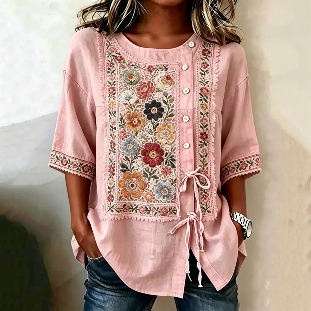 Top Boho Floral Retro Manga Curta