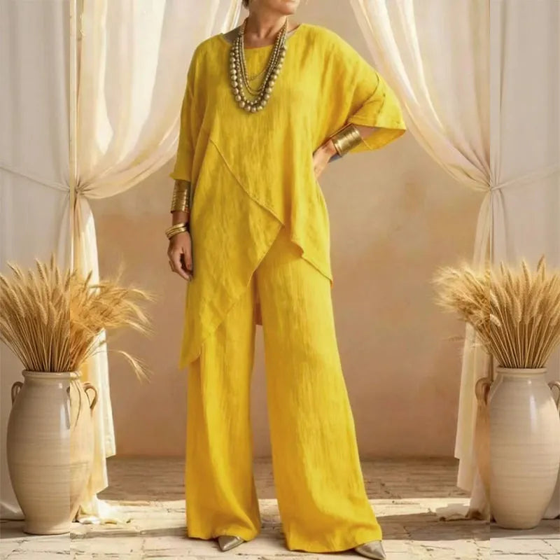 Conjunto de dos piezas top y pantalón de mezcla de lino fluido con diseño de doble capa