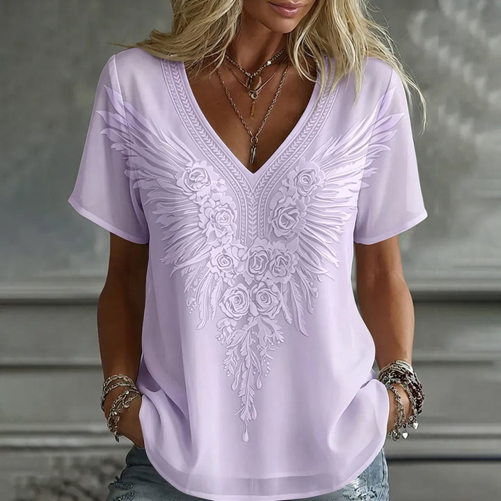 Camiseta Mujer Manga Corta Cuello En V Con Bordado De Rosa Alada