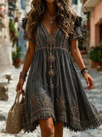 Vestido midi casual de mezcla de lino con estampado tribal retro