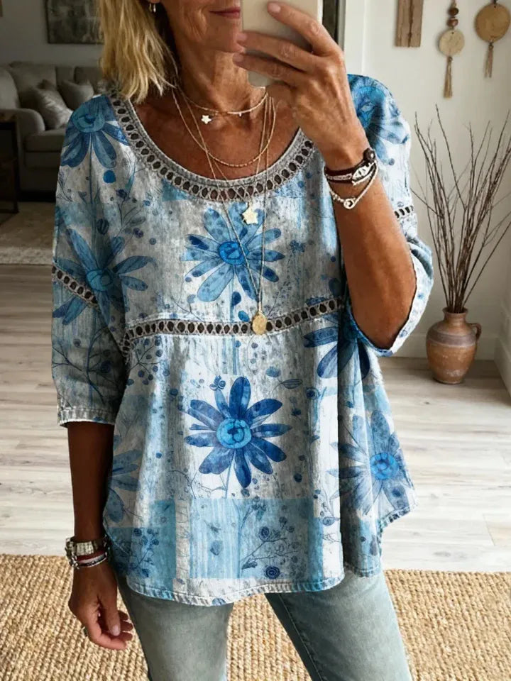 Top Boho Floral Vintage Lino