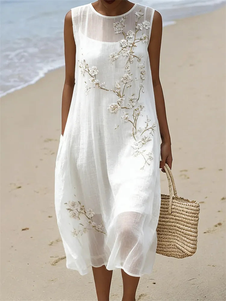 Vestido Midi Fluido Sem Mangas De Linho Com Flores De Amêndoa Elegante