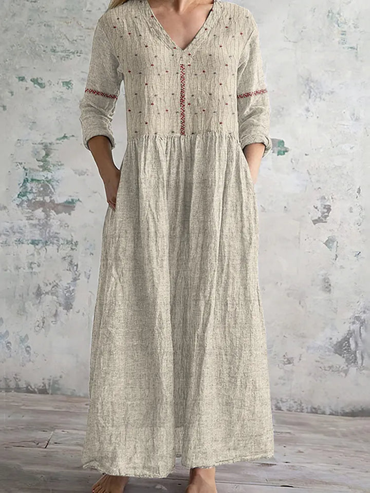 Vestido De Lino Vintage Con Bordado Floral Artístico