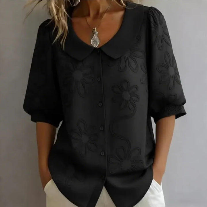 Camisa Vintage Holgada Con Bordado Floral - Manga Media