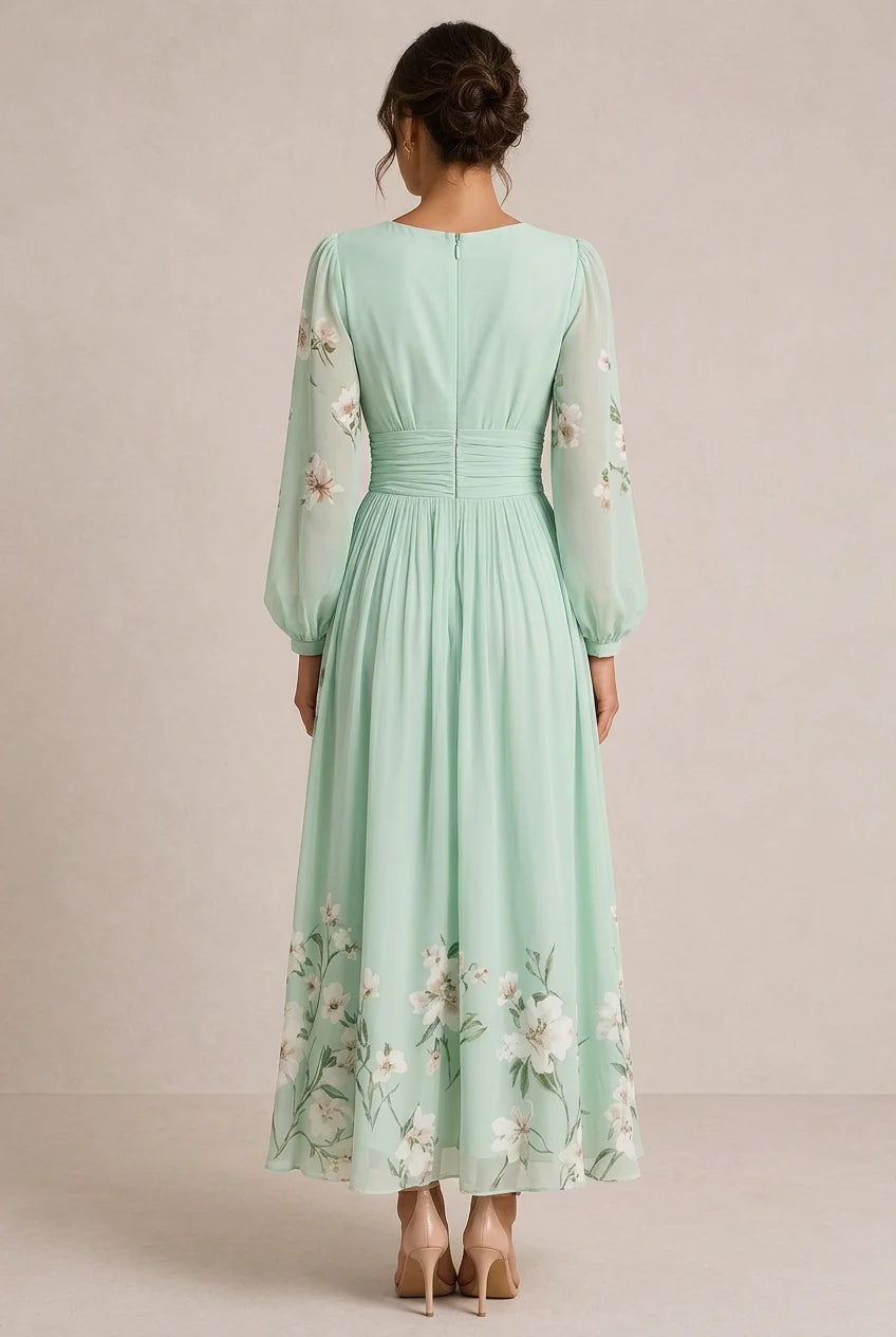 Verónica | Vestido Maxi Floral Verde-Sálvia Com Decote Em V E Manga Comprida Semitransparente