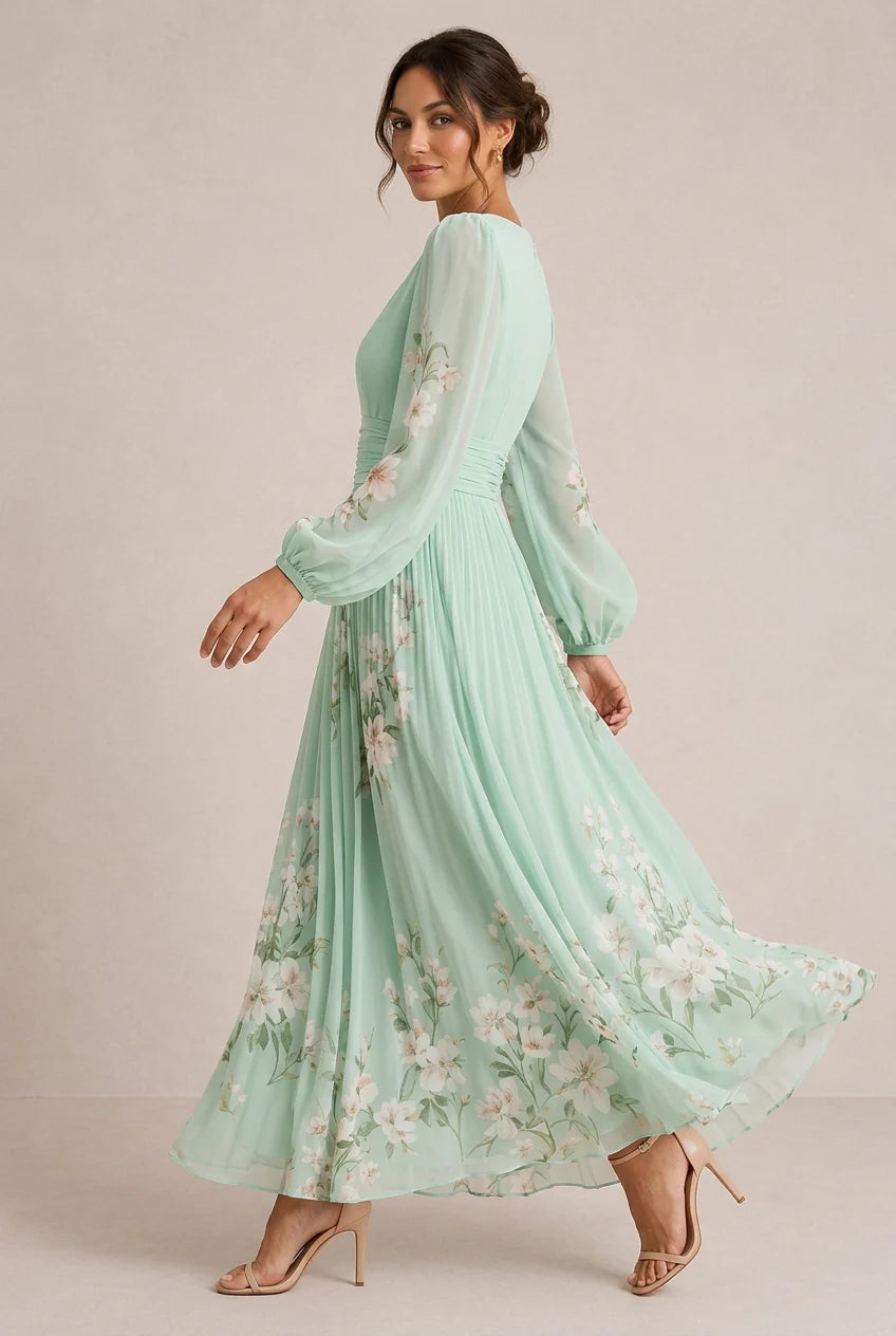 Verónica | Vestido Maxi Floral Verde-Sálvia Com Decote Em V E Manga Comprida Semitransparente