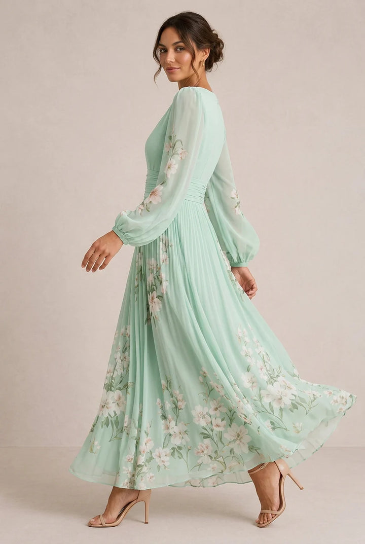 Verónica | Vestido Maxi Floral Verde-Sálvia Com Decote Em V E Manga Comprida Semitransparente