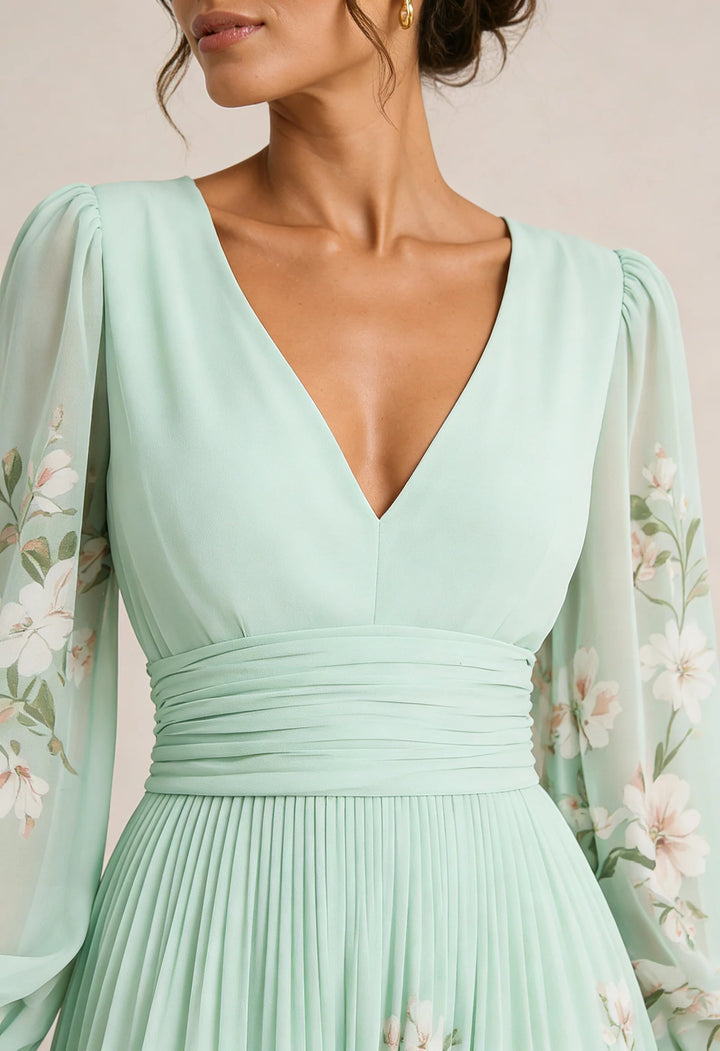 Verónica | Vestido Maxi Floral Verde-Sálvia Com Decote Em V E Manga Comprida Semitransparente