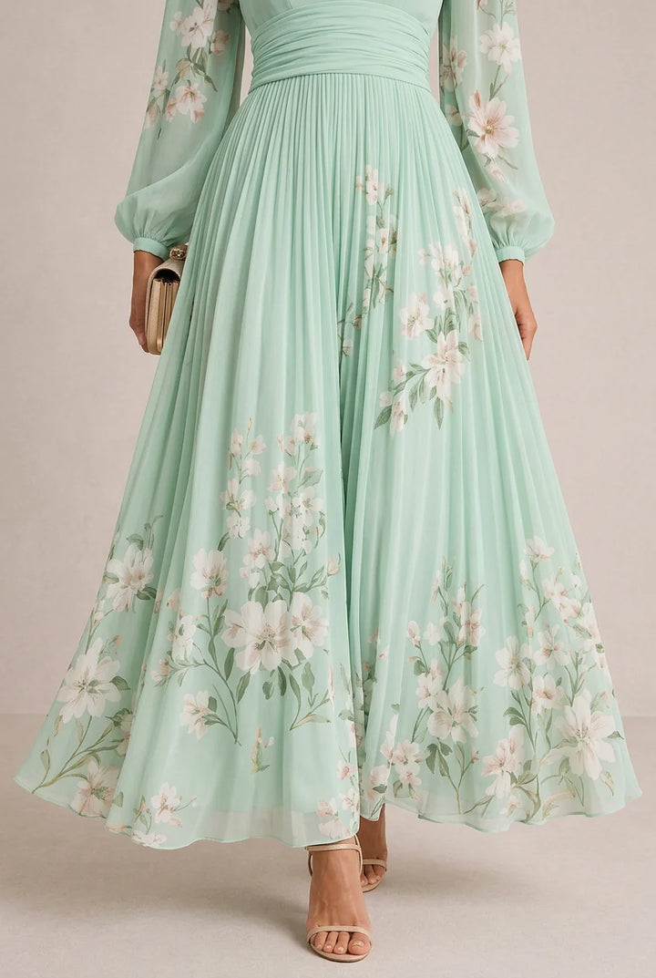 Verónica | Vestido Maxi Floral Verde-Sálvia Com Decote Em V E Manga Comprida Semitransparente