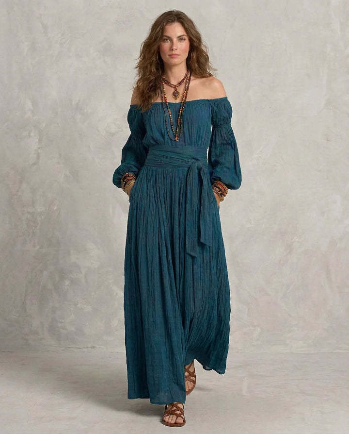 Adriana | Maxi Vestido Off-shoulder Teal Con Silueta Fluida En A
