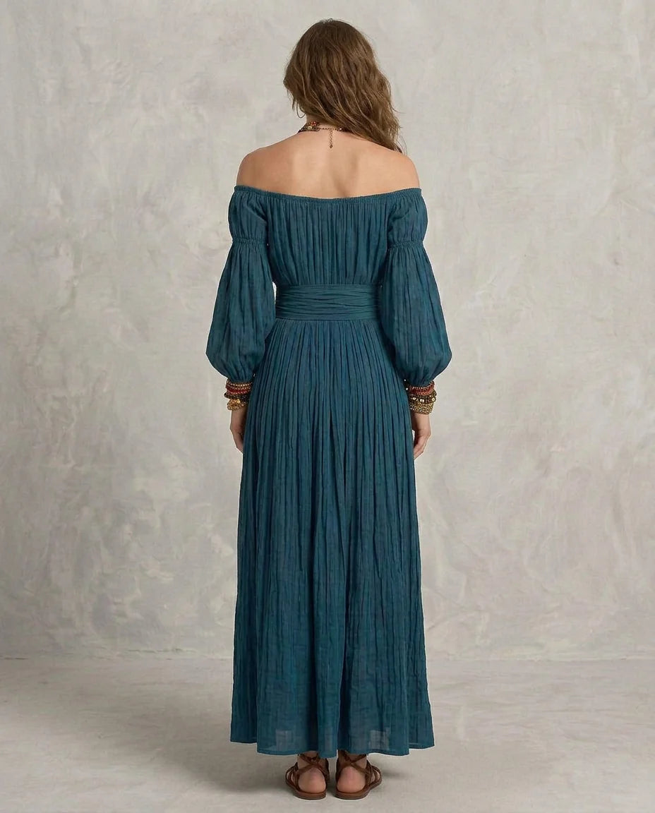 Adriana | Maxi Vestido Off-shoulder Teal Con Silueta Fluida En A
