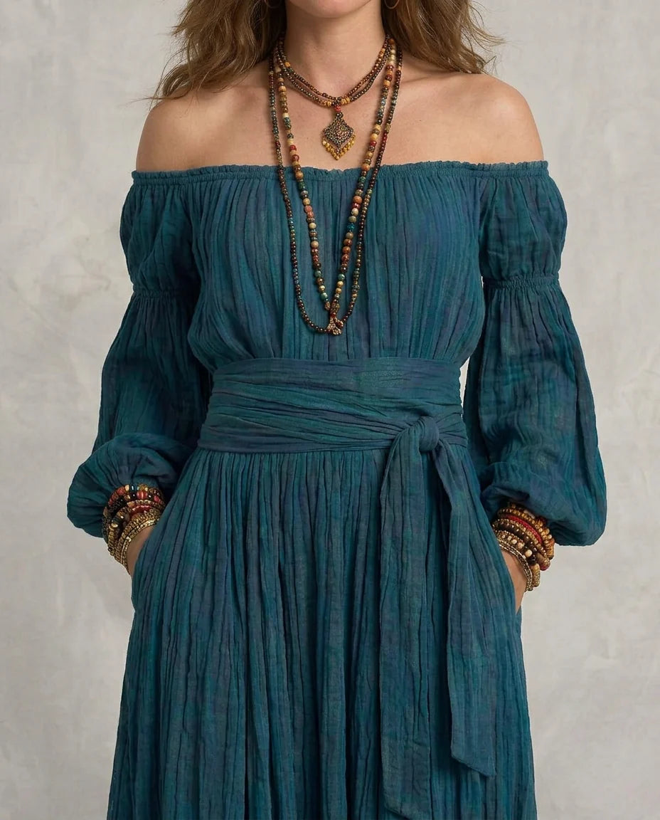 Adriana | Maxi Vestido Off-shoulder Teal Con Silueta Fluida En A