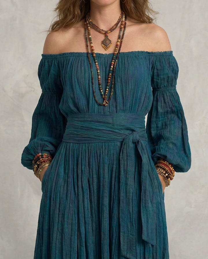 Adriana | Maxi Vestido Off-shoulder Teal Con Silueta Fluida En A