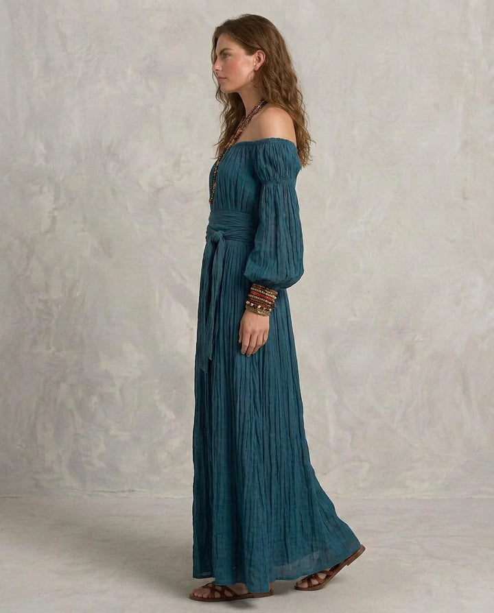 Adriana | Maxi Vestido Off-shoulder Teal Con Silueta Fluida En A