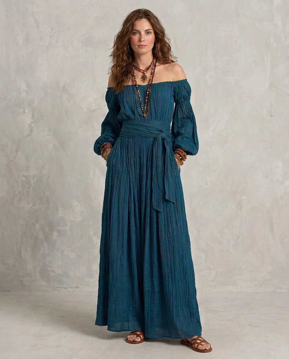 Adriana | Maxi Vestido Off-shoulder Teal Con Silueta Fluida En A