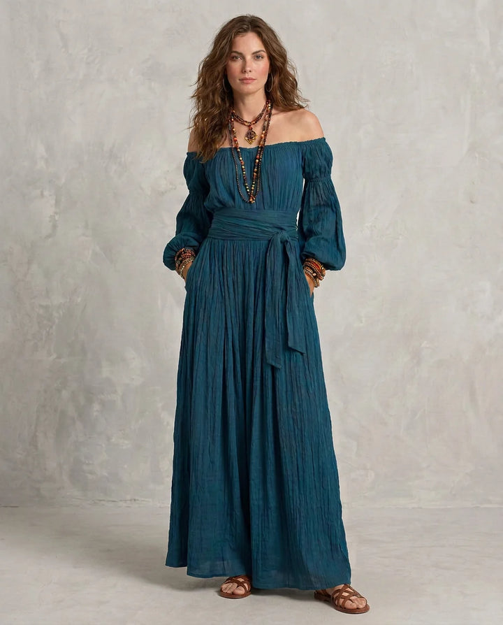 Adriana | Maxi Vestido Off-shoulder Teal Con Silueta Fluida En A