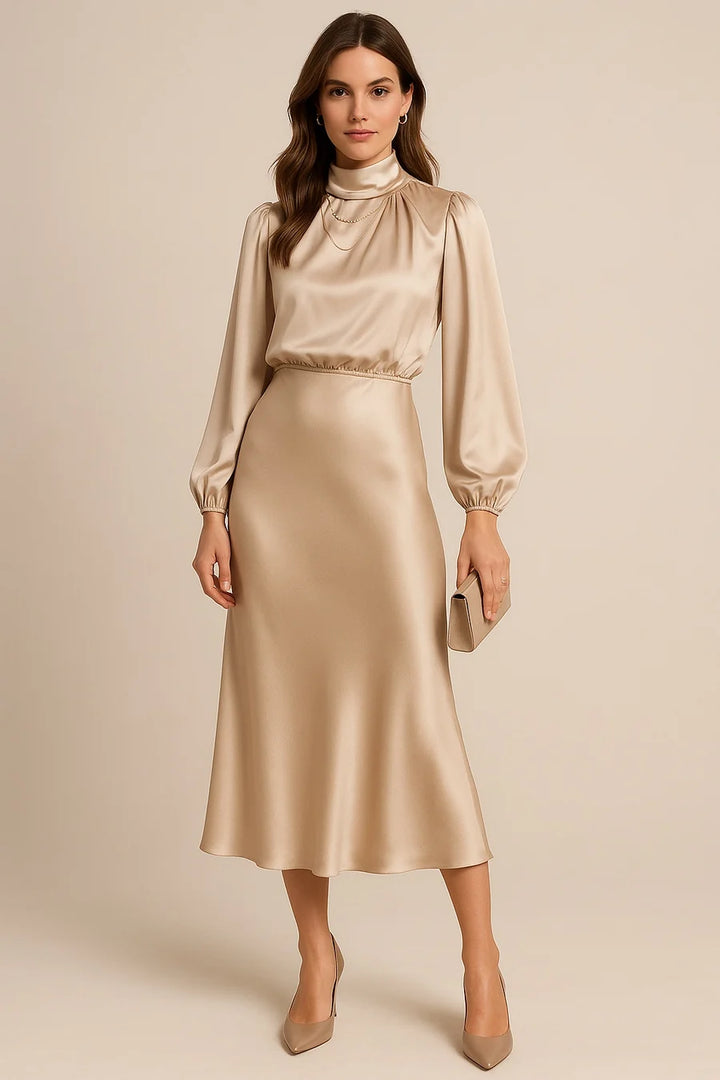 MARIANA | VESTIDO MIDI DE SATÉN MANGA LARGA MUJER CUELLO ALTO