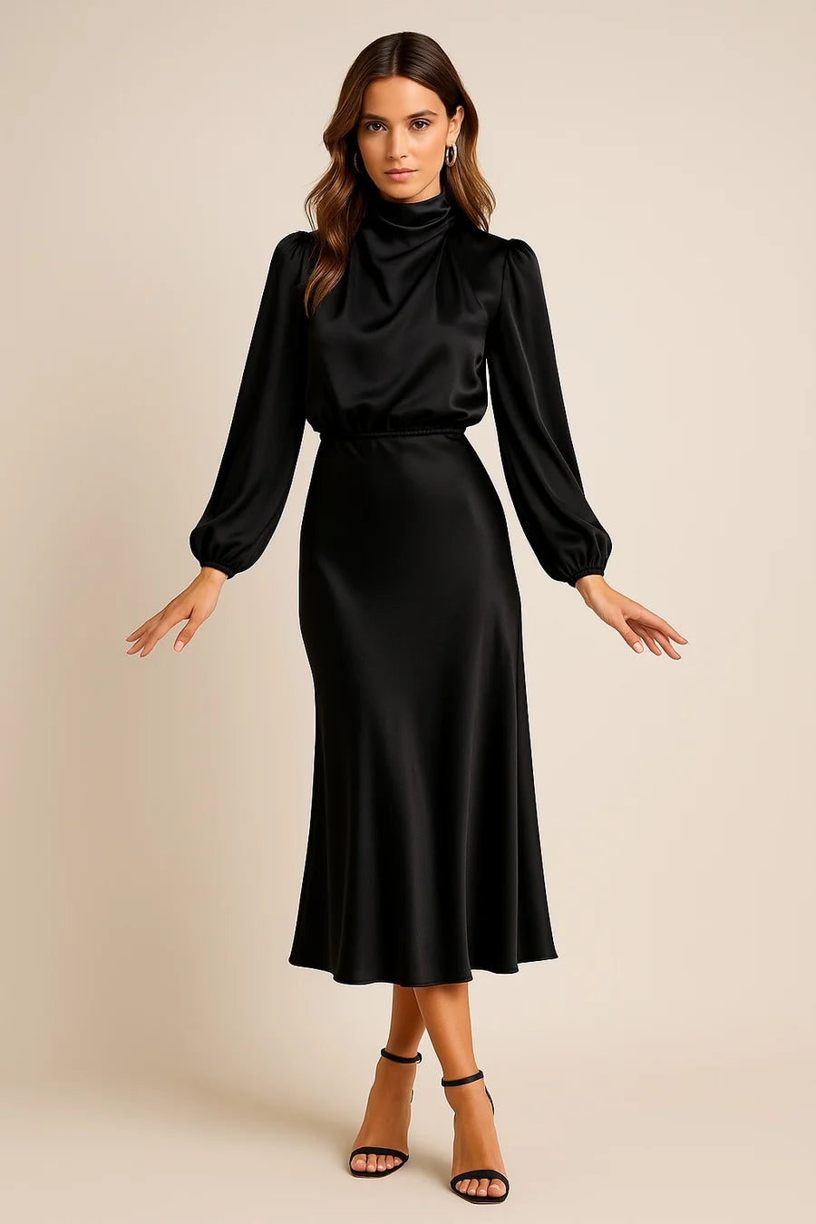 MARIANA | VESTIDO MIDI DE SATÉN MANGA LARGA MUJER CUELLO ALTO