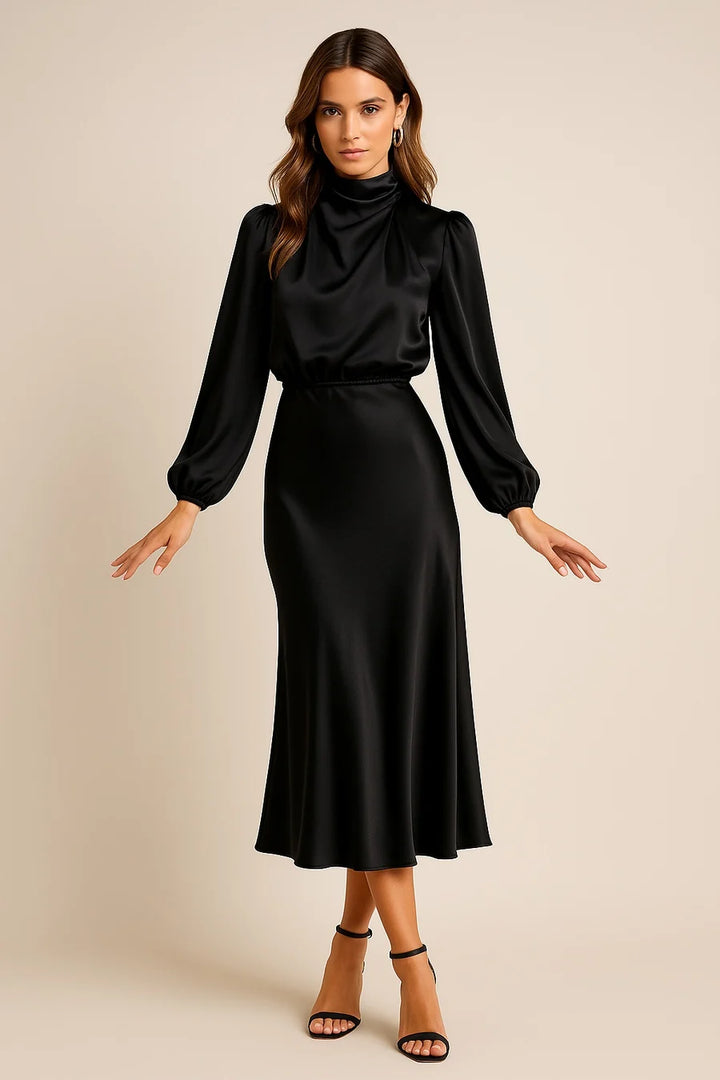MARIANA | VESTIDO MIDI DE SATÉN MANGA LARGA MUJER CUELLO ALTO