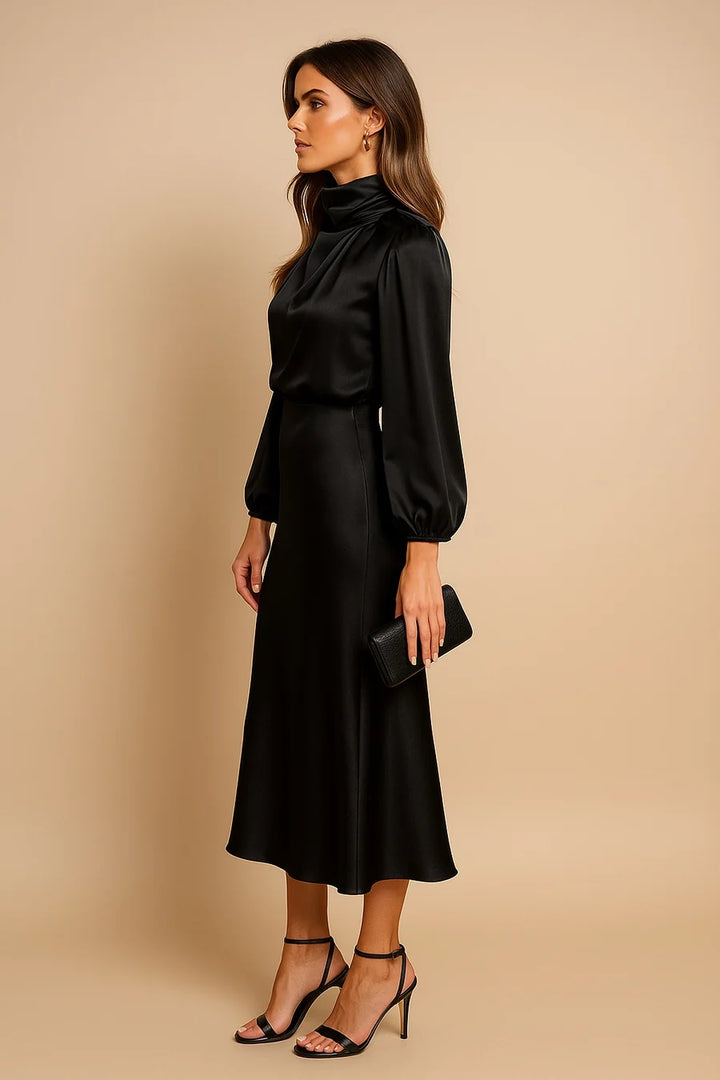 MARIANA | VESTIDO MIDI DE SATÉN MANGA LARGA MUJER CUELLO ALTO
