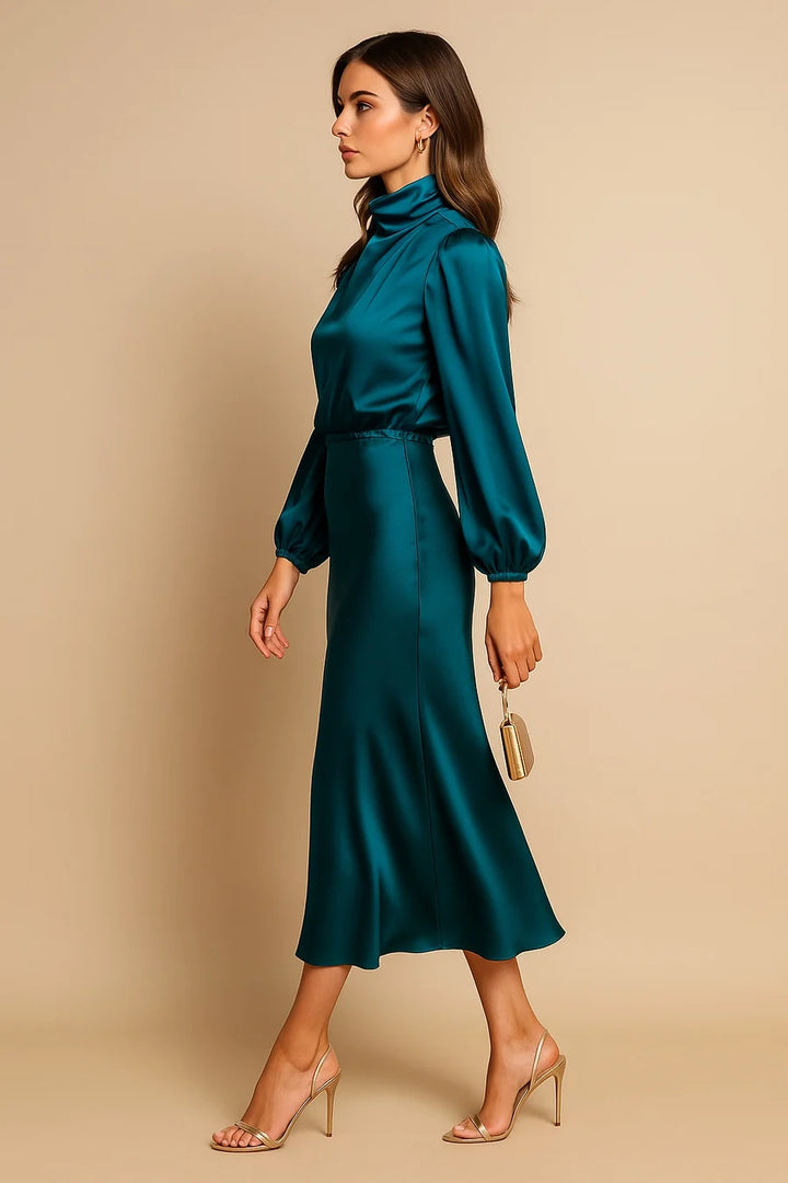 MARIANA | VESTIDO MIDI DE SATÉN MANGA LARGA MUJER CUELLO ALTO