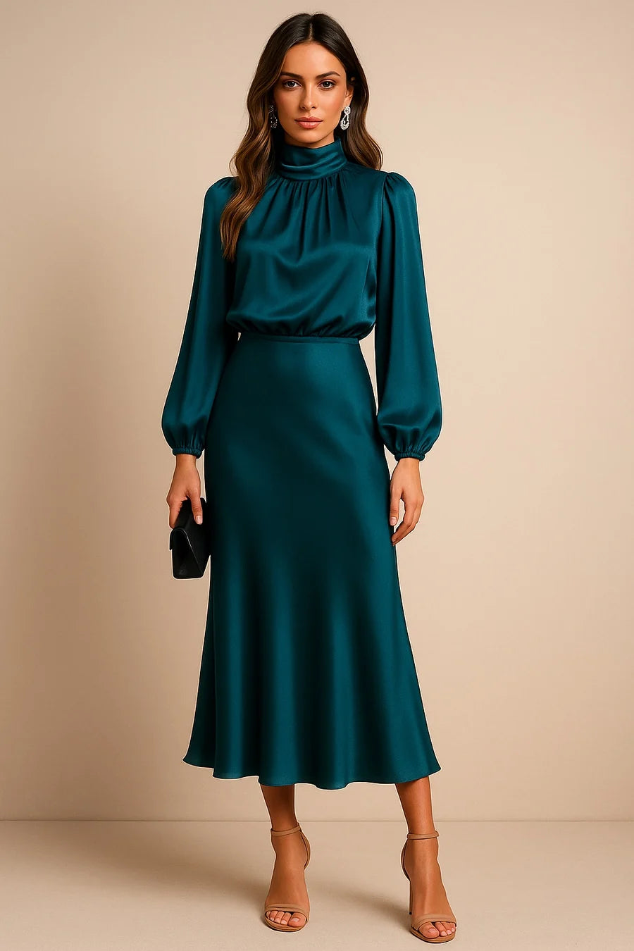 MARIANA | VESTIDO MIDI DE SATÉN MANGA LARGA MUJER CUELLO ALTO