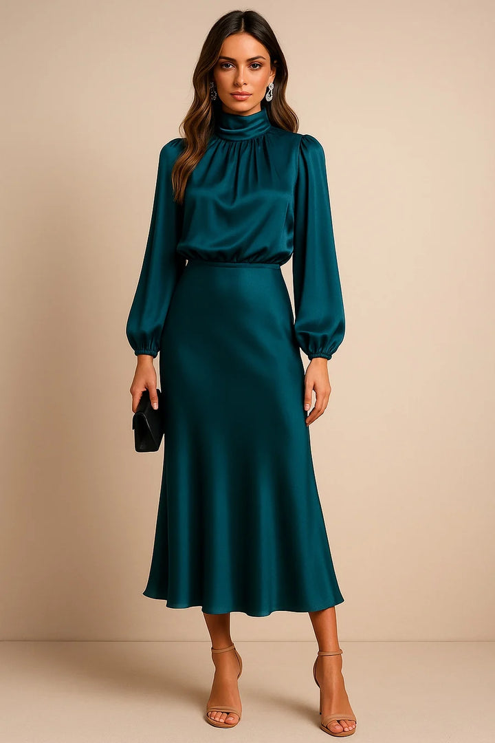 MARIANA | VESTIDO MIDI DE SATÉN MANGA LARGA MUJER CUELLO ALTO