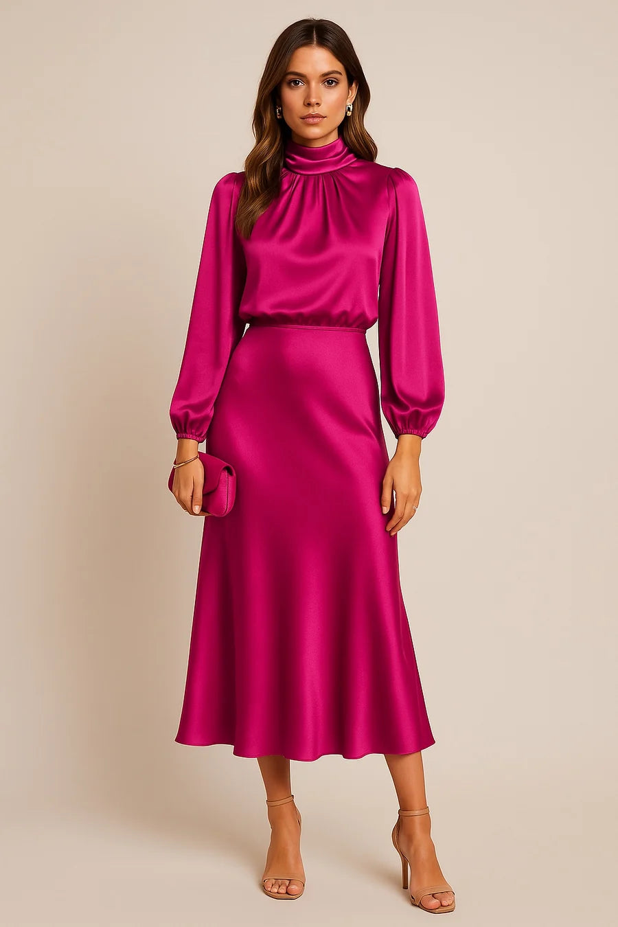 MARIANA | VESTIDO MIDI DE SATÉN MANGA LARGA MUJER CUELLO ALTO