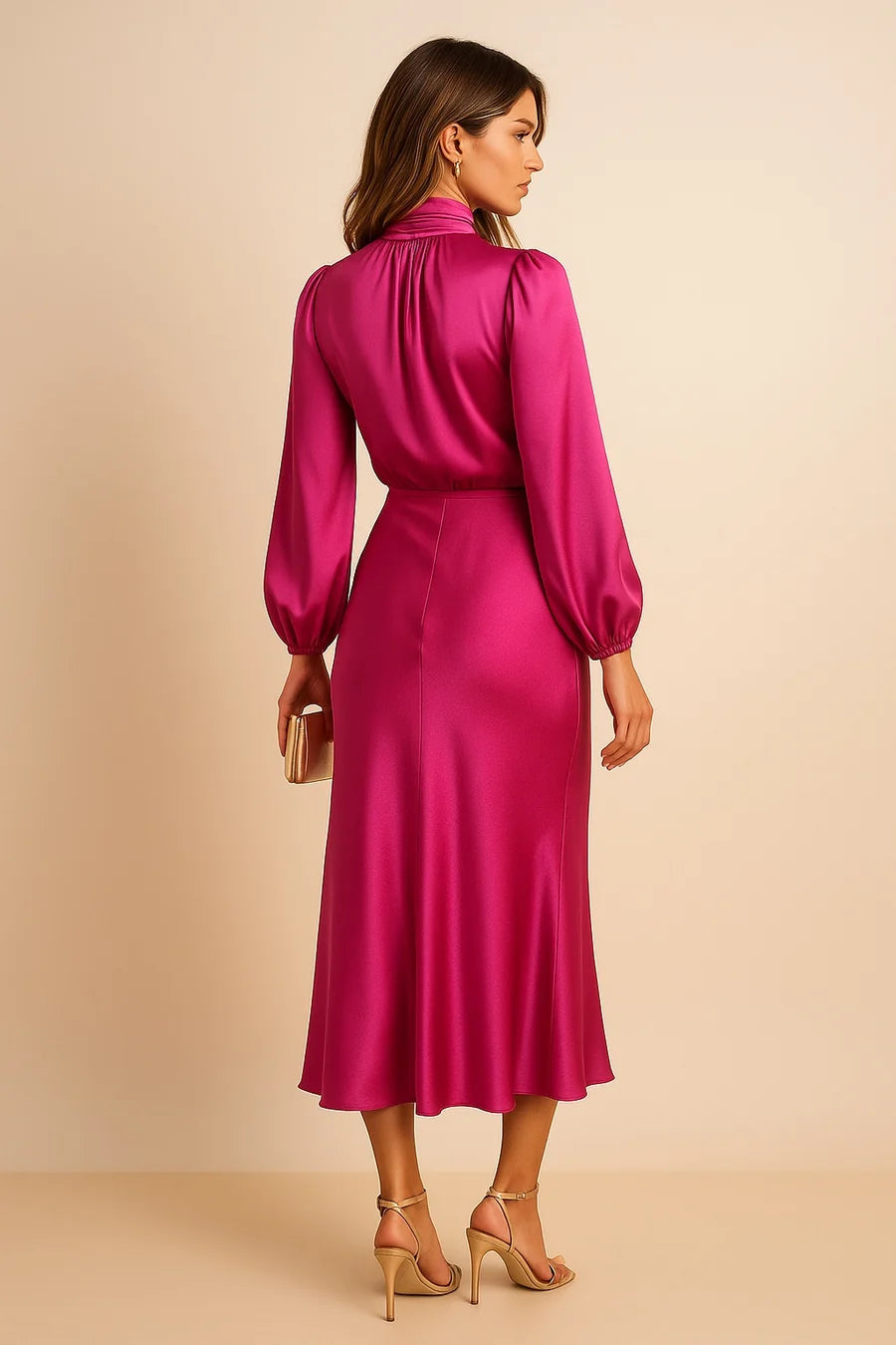 MARIANA | VESTIDO MIDI DE SATÉN MANGA LARGA MUJER CUELLO ALTO