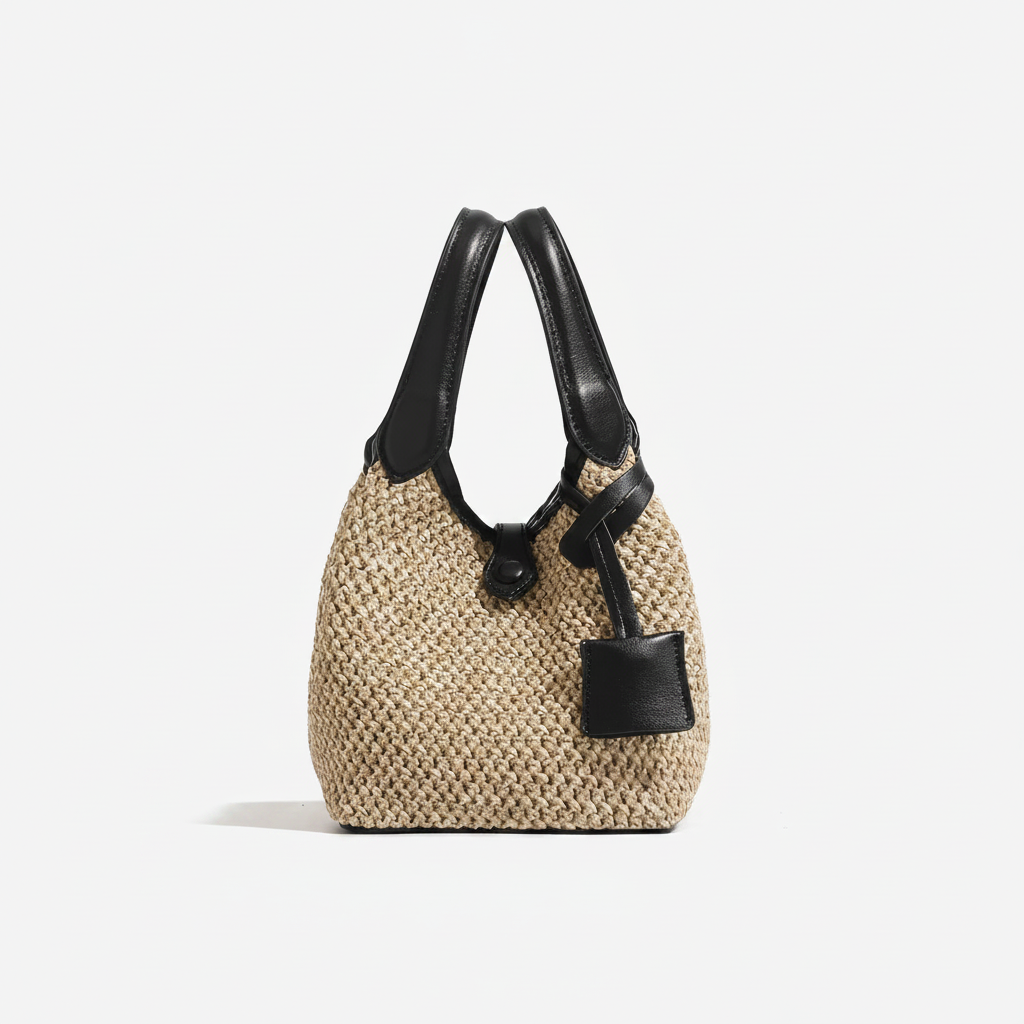 Minibolsa Cubo em Tecido Estilo Férias Com Pegas em Couro